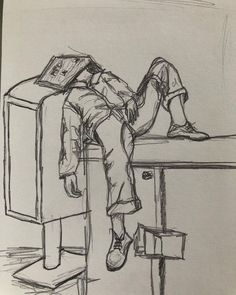 a drawing of a person sitting at a table with a book on it's lap