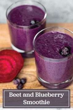 two glasses of beet and blueberry smoothie