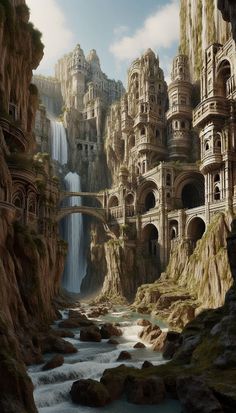 an artistic painting of a waterfall in a fantasy landscape with buildings and waterfalls on either side