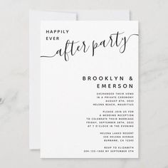 the happily after party card is printed on top of a white envelope with black ink