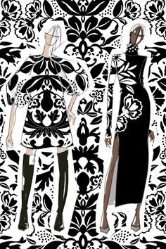 two women in black and white dresses standing next to each other on a floral background