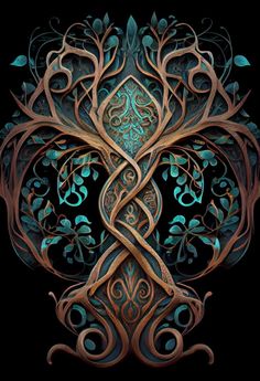 an intricately designed tree with leaves and vines in the center, against a black background