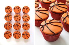 cupcakes decorated like basketballs with chocolate icing