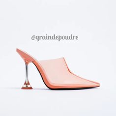 Coral Pink Colored Vinyl Heeled Mules. Pointed Toes And Transparent Heels. Airfit. Technical Flexible Latex Foam Insole. Brand New With Tags! Comes From A Smoke-Free Home. Brand: Zara. 100% Polyester. Made In China. Size: Euro 38 (Us 7.5). Insole Length: 10.25”. Outsole Width: 3”. Heel: 4.25”. Summer Gala Heels With Red Sole, Summer Cocktail Heels With Red Sole, Party Orange Almond Toe Heels, Orange Almond Toe Heels For Party, Red Sole Heels For Spring Cocktail, Spring Cocktail Heels With Red Sole, Chic Zara Slip-on Heels, Pink Open Heel Mules For Beach, Zara Glamorous Pointed Toe Heels