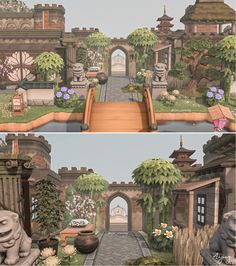 two different views of a garden with statues and flowers in the middle one shows an entrance