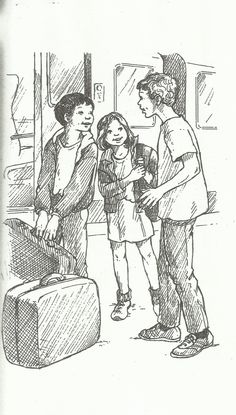 a black and white drawing of three people standing in front of a luggage bag, talking to each other