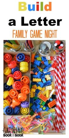 a box filled with lots of toys and letters that read build a letter family game night