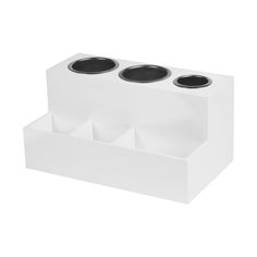 three cup holders are shown in the shape of a white holder with four cups on it