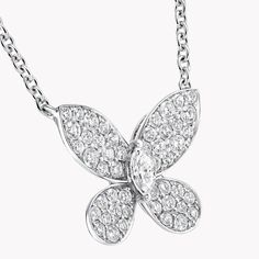 Elegantly suspended from a fine white gold chain as if captured in mid-flight, our Pavé Butterfly Small pendant in white gold is meticulously set by our master craftsmen so that each precious wing gleams with pure, brilliant radiance. The butterfly is a signature Graff motif that has inspired an entire universe of jewels. We delight in bringing their delicate, graceful form to life in the finest diamonds. An enchanting Butterfly pavé diamond pendant with a total approximate weight of 0.55 carats White Gold Marquise Platinum Necklace, Elegant White Gold Jewelry With Butterfly Charm, Luxury White Gold Butterfly Pendant Necklace, Luxury Sterling Silver Butterfly Necklace, White Gold Platinum Diamond Necklace With Polished Finish, Platinum Diamond Necklace With Polished Finish In White Gold, Butterfly-shaped Brilliant Cut Diamond Jewelry, Diamond Pendant Necklace With Butterfly Charm, Luxury Diamond Butterfly Necklaces