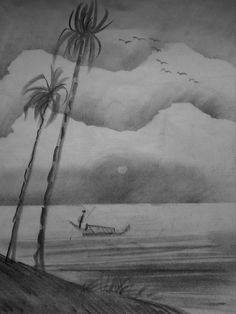 a drawing of two palm trees and a boat on the water