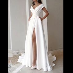 Sexy Solid Elegant V Neck Wedding Dress, High Neck High Split Long Sleeve Cocktail Party Dress. White Long Skirt, Dress Sleeve Length, Evening Dresses With Sleeves, Womens Prom Dresses, Split Maxi Dress, Maxi Skirts, Prom Party Dresses, Sierra Leone, Waist Dress