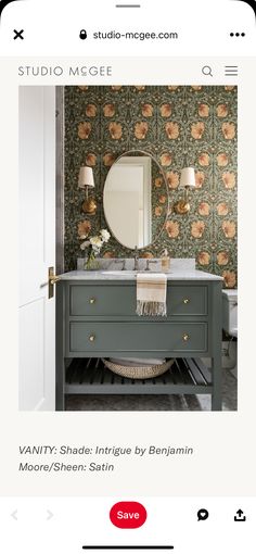 an image of a bathroom vanity with flowers on the wall and a mirror above it