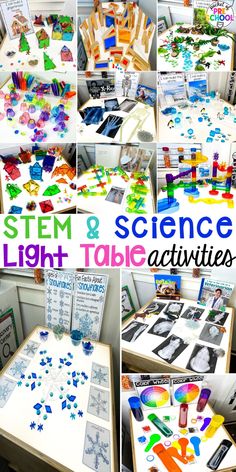 STEM & science light table activities for preschool, pre-k, and kindergarten students to explore and learn through play made easy! Kindergarten Exploration Centers, Light Board Activities Preschool, Winter Light Table Ideas Preschool, Stem Center Preschool, Light Box Activities Preschool, Diy Light Table For Kids, Prek Science Activities, Technology Activities For Preschool, Light Table Ideas For Preschoolers