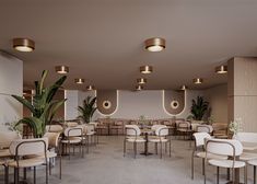 an empty restaurant with tables, chairs and potted plants