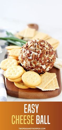 an easy cheese ball on a cutting board with crackers