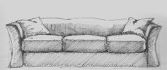 a drawing of a couch with pillows on it's back and armrests