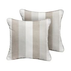 two white and grey striped pillows on a white background with no one in the photo