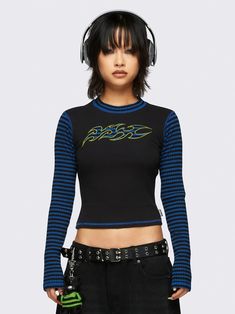 Own the Y2K grunge look with our Tribal Black Top with striped blue long sleeves. This Acubi-inspired piece packs serious Gen X Soft Club flair. Shop now at Minga London! Stripe Long Sleeve Outfit, Gen X Soft Club, Early 2000s Style, Minga London, Punk Women, Neckline Slimmer, Grunge Look, Tumblr Outfits, Clothes Set