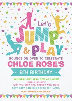 a birthday party flyer with the words jump and play on it