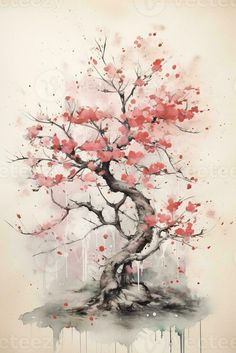 a painting of a tree with red leaves and watercolors on the bottom half of it