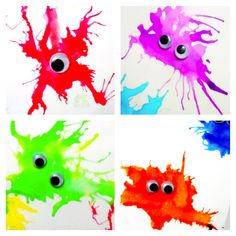 four pictures of different colors with googly eyes