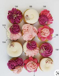 cupcakes with pink and purple frosting are arranged on a white surface, labeled in the top half