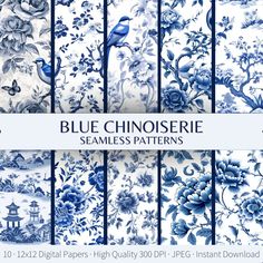 blue chinoiserie seamless patterns