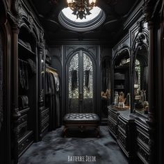 Gorgeous Gothic walk-in closet and vanity. Victorian Goth House Decor, Walk In Closet Dark Aesthetic, Fantasy Walk In Closet, Gothic Architecture Bedroom, Gothic Closet Room, Goth Closet Decor, Dark Academia Walk In Closet, Dark Academia Closet Room, Gothic Interior Bedroom