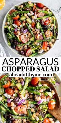 asparagus and chickpeas salad in a white bowl with a wooden spoon