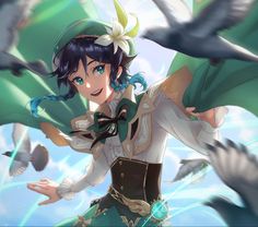 a woman with blue hair and green eyes standing in front of birds flying around her