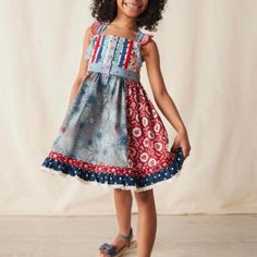 New With Tags, No Flaws, Smoke Free Home Matilda Jane Patriotic Skirt Overall Skirtall Size 6 Cherries; Flowers, Ruffles; Polka Dots, Gingham, Lace Trim, Fireworks, Stars And Stripes. This Dress Has All The Adorable Details Usa Memorial Day 4th Of July Independence Party Purple Girls, Jane Dress, Bow Detail Dress, Matilda Jane, White Striped Dress, Stars And Stripes, Fitted Skirt, Henley Shirts, Tweed Jacket