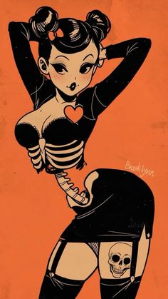 a drawing of a woman in tights with a skull on her chest and an orange background