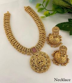 Traditional handcrafted gold plated Goddess temple necklace set from the house of the Lucentartsjewellery Shop. Its intricate  detailing with peacock motifs and studded ruby stones makes it look more royal and elegant. Adorned with matching attire, it will add brilliance and spark to the entire look. Perfect choice for weddings, parties, gifting, and other Indian festivals. Keep it in Zip Locks or Plastic Boxes. Dispatched within 7 working days. Keep the jewelry away from heat, water, sprays, and chemicals as they may react. Care instructions: * Keep Jewellery away from water, perfumes, deodorants, and other strong chemicals as they may react with the metal or plating. * Wipe Jewellery gently with a soft cotton or soft cloth after every use. Goddess Temple, Kerala Jewellery, Frozen Jewelry, Antique Gold Necklace, Temple Necklace, Peacock Motifs, Temple Jewelry Necklace, Temple Jewelry