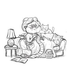 a black and white drawing of a woman sitting on a couch next to a cat