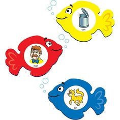 three cartoon fish with different colors and sizes