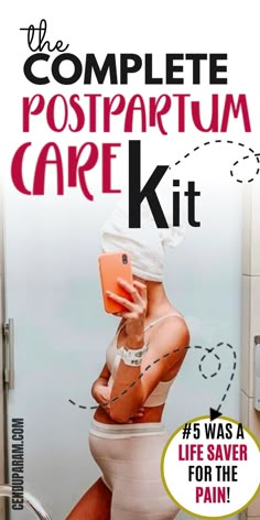 the complete postpartum care kit for women is shown in front of a toilet