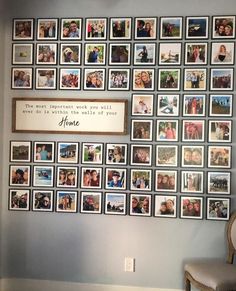 a wall with many pictures on it and a chair in front of the photo collage