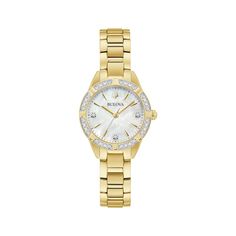 This beautiful watch from the Bulova Sutton collection is slim, sophisticated and sparkling. The 28mm gold-tone stainless steel case has a white mother-of-pearl dial and 16 diamonds along the bezel Features include gold-tone hands and markers, three diamond accents and a domed sapphire crystal for exceptional clarity The gold-tone stainless steel bracelet secures with a push-button deployment clasp Water-resistant to 30 meters Bulova Watches Women Gold, Classic Yellow Gold Self-winding Watch Accessories, Bulova Watches Women, Elegant Luxury Watch With Gold-tone Hardware, Vintage Bulova Ladies Watch, Classic Watch Women, Bulova Watches, Cute Watches, Beautiful Watches