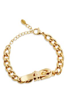 Crafted from durable 18-karat-gold plate, this curb-link bracelet can be worn as a singular or layered piece. Lobster clasp closure 18k-gold plate Imported Elegant Adjustable Cuban Link Bracelet With Gold Chain, Elegant Adjustable Gold Bracelet With Curb Chain, Adjustable Gold Cuban Link Bracelet, Elegant Adjustable Cuban Link Gold Bracelet, Elegant Adjustable Gold Cuban Link Bracelet, Elegant Metal Charm Bracelet With Curb Chain, Adjustable Gold Cuban Link Bracelet With Curb Chain, Gold-tone Curb Chain Bracelet Gift, Gold-tone Curb Chain Bracelet As Gift