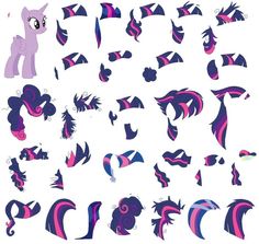 an assortment of different shapes and sizes of pony tail hair on a white background with pink, purple, and blue colors