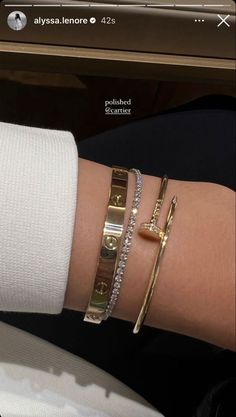 Stacked Wrist Bracelets, Luxury Bracelet Stack Gold, Aesthetic Bracelet Stack, Cute Bracelet Stacks, Luxury Bracelet Stack, Cartier Bracelet Stack, Hand Stack, Alyssa Lenore, Jewellery Stack