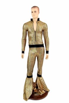 Mens "Funky Frank" Gold Fish Scale Long Sleeve Zipper Front Collared Bell Bottom Catsuit w/Black Mys Fitted Gold Costume For Costume Party, Fitted Costume Sets For Fall, Fitted Fall Costume Sets, Under The Sea Costume Men, Fitted Fall Party Costume, Fitted Gold Sets For Costume Party, Gold Fish Costume, Fitted Costume Sets For Winter, Mermaid Man Belt