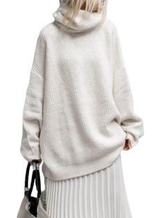 Plain Round Neck Knitted Casual Sweater Oversized Ribbed Turtleneck For Winter, Oversized Soft Knit Casual Turtleneck, Casual Oversized Soft Knit Turtleneck, Ribbed Turtleneck Knit Sweater, Winter Ribbed Knit Outerwear, Fall Textured Knit Turtleneck, Ribbed Knit Winter Outerwear, Oversized Winter Casual Turtleneck, Oversized Casual Turtleneck For Cold Weather