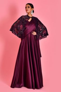 Wine draped saree gown with sweetheart neckline. Paired with sequin embroidered cape in floral pattern. - Aza Fashions Wedding Pre-draped Saree For Eid With Cape Sleeves, Semi-stitched Evening Dress With Sheer Dupatta, Elegant Gown With Sheer Dupatta And Traditional Drape, Floor-length Lehenga With Sheer Dupatta For Evening, Eid Evening Gown With Zari Work, Evening Gown With Zari Work For Eid, Draped Gown With Zari Work For Party, Elegant Festive Gown With Traditional Drape, Elegant Semi-stitched Dupatta With Cape Sleeves