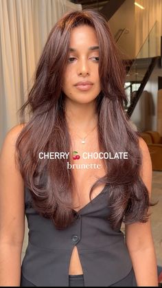 hair inspo cherry chocolate From Brunette To Red Hair, Cherry Red Brunette Hair, Auburn Hair On Dark Hair, Hair Dye Brown Shades, Brunette Hair Colours, Chocolate Dye Hair, What To Dye Brown Hair, Chocolate Wine Hair Color, Penny Brown Hair