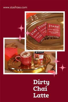 the dirty chai latte is served on a gold tray with pink and white stars