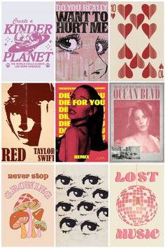 various posters are shown in different colors and sizes, including one with an image of a woman's face