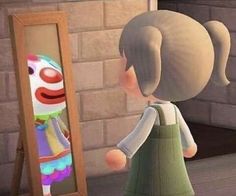 the animated character is looking at herself in the mirror and holding her hand out to someone