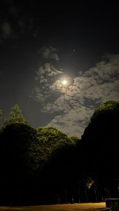 the full moon shines brightly in the night sky above some trees and bushes on a dark, dreary day