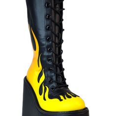 It’s Getting Hot In Here With The Dune Lace Up Flame Platform Boots From Yru. These Totally Hot Festival Boots Feature Black Vegan Leather Upper With Yellow Flame Printed Details, Lace Up Front, And Zipper Closure Up The Back. With These Cute Boots You’re Going To Need A Fire Extinguisher. "Dune Lace Up Flame Platform Boots 2 3/4” Platform, 6” Heel Vegan Patent Leather Thick Woven Laces Eva Platform W/ Patent Wrap Back Zipper Closure Black/Yellow" Flame Shoes, Pink Platform Boots, Fire Fashion, Yru Shoes, Strappy Platform Heels, Platform Creepers, Festival Boots, Yellow Boots, Platform Heels Boots